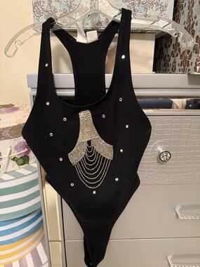 Black Embellished Racerback Bodysuit